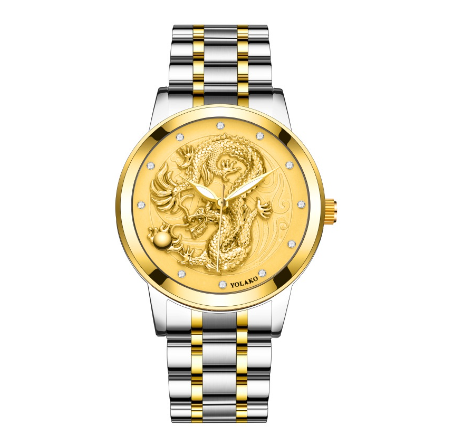 Fashion Men's Full Steel 3D Engraving Gold Dragon Quartz Waterproof Watch Men's Watch SILVER GOLD GOLD