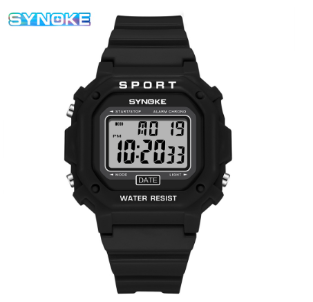 SYNOKE Men's Watch Square Silicone Strap Electronic Outdoor Digital Sports Watch BLACK