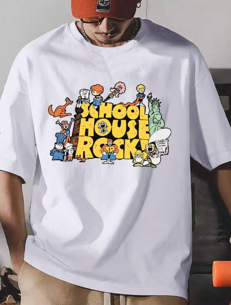 Plus Size Men's Casual Slogan & Cartoon Print Crewneck Short Sleeve T-Shirt, Christmas/Back To School Apparel