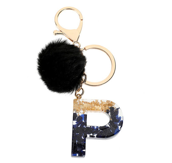 New Black Pompom 26 English Alphabet Resin With Gold Foil Keychain Charms Exquisite Letter Keyring P
