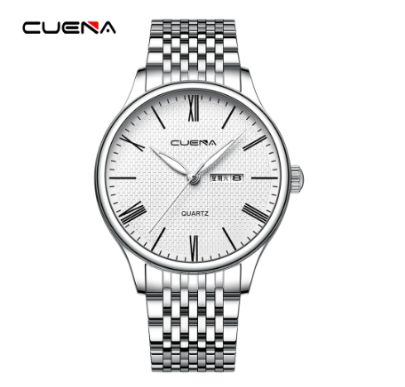 Original CUENA Men's Watch Stainless Steel Vintage Dial Fashion Simple Casual Business Sports Quartz Waterproof Watch SILVER WHITE
