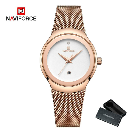 Naviforce Women Fashion Dress Quartz Stainless Steel Waterproof Simple Wristwatch WHITE