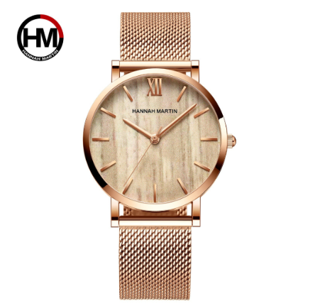 Hannah Martin Watch for Women Japan Movement Quartz Watches Waterproof Imitation Wood Grain Wristwatch BROWN