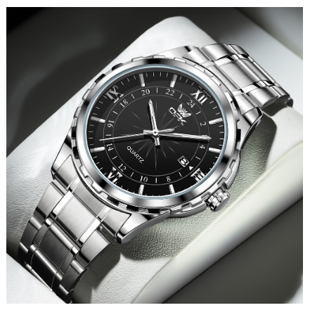 OPK Watch For Men WaterProof Original Stainless Steel Leather Strap Fashion Luminous Calendar Quartz Mens Watch BLACK DIAL SILVER STRAP