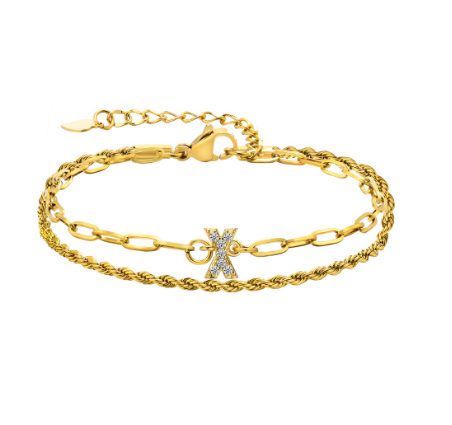 Vnox Letter Double Layer Braelet,18K Gold Fried Twistsed Paper Clip Zirconia Initial Stainless Steel Chain Link for Women X