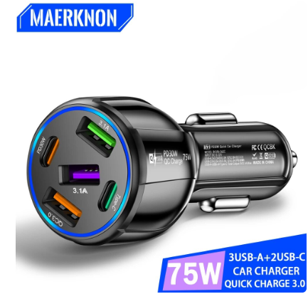 USB Car Charger 75W 5 Ports Fast Charging Car Phone Charger Adapter For iPhone 15 Samsung Xiaomi Quick Charge 3.0 Charger In Car