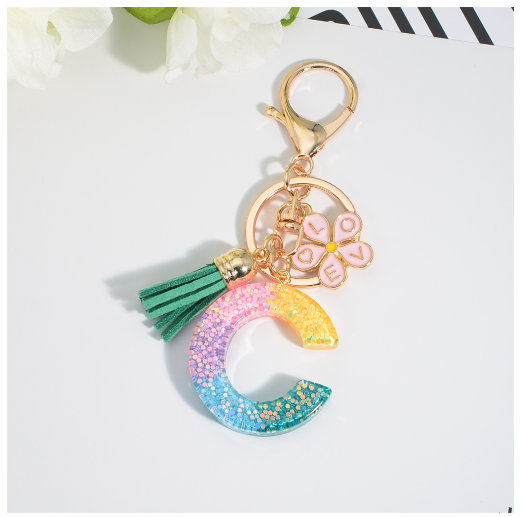 Fashion 26 Letter Resin Keychain A-Z Round Sequins Filled Alphabet Flower Pendant Keyring with Tassel Bag Ornament Accessories C