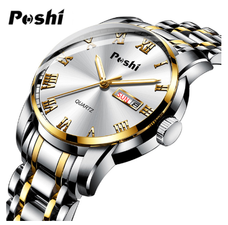 POSHI Dual Calendar Watch Men Waterproof Luminous Automatic Stainless Steel Quartz 05