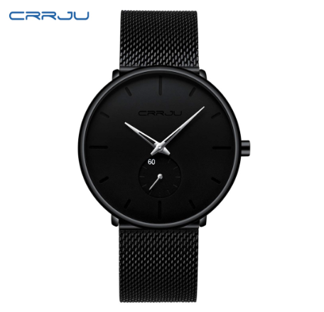 CRRJU Fashion Mens Watches Top Brand Luxury Quartz Watch Men Casual Slim Mesh Steel Waterproof Sport Watch 2150X BLACK SILVER