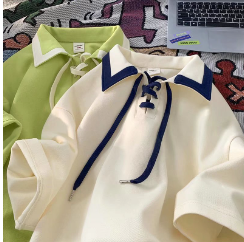 Men's Contrast Color Short Sleeve Polo Shirt Apricot Korean Style Loose Casual College Style Summer Thin Section Drawstring Versatile Fashion Half Sleeve Lapel Student Polo Shirts