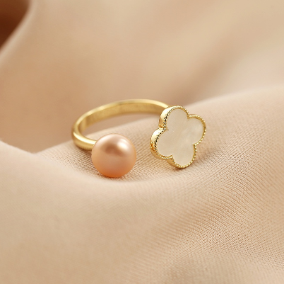 Four leaf flower adjustable index finger ring Freshwater pearl