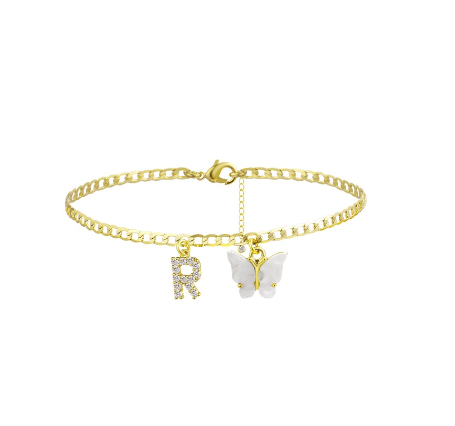 Fation Dainty Butterfly Initial Ankle Bracelets Handmade Cuban Chain White Butterfly A-Z Alphabet Letter Initial Anklets Summer Beach R