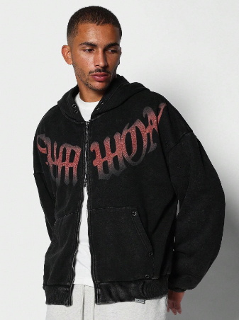 SUMWON Washed Zip-Up Hoodie With Text Graphic Print