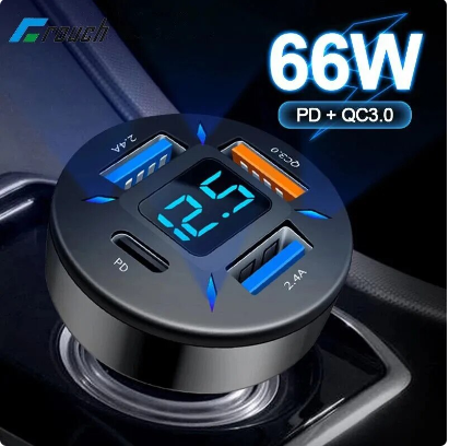 4-Port 66W Car Charger Cigarette Lighter Adapter Quick Charge USB C Car Phone Charger Fast Charging for iPhone Xiaomi Samsung