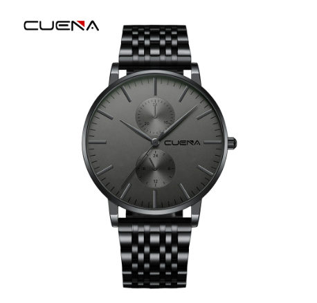 CUENA Original Brand New Men's Watch Fashion Business Luxury Automatic Calendar Sports Stainless Steel Wrist Strap Waterproof  Watch ALL BLACK