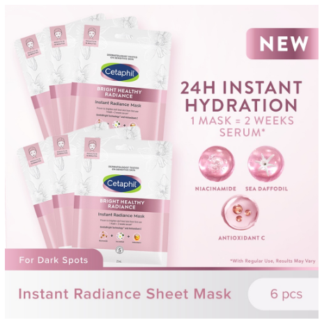 NEW! Cetaphil Bright Healthy Radiance Instant Radiance Sheet Mask 23mlx6 (Brightening / Niacinamide)