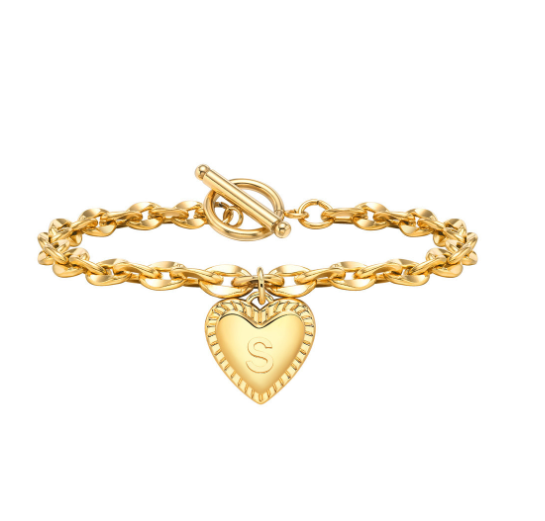 Vnox A-Z Letter Heart Charms Bracelet for Women Girl 18K Gold Elegent Love Stainless Steel Link Chain Initial Jewelry Birthday Present S