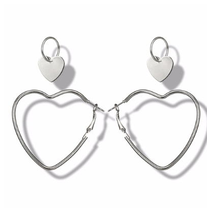 2 Pairs Women Double Love Heart Hoop Dangle Earrings