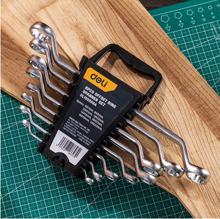 Deli 8PCS Double Ring Offset Ring Spanner Set Cr-v Wrench Spanner Set 6-22mm DL150008A