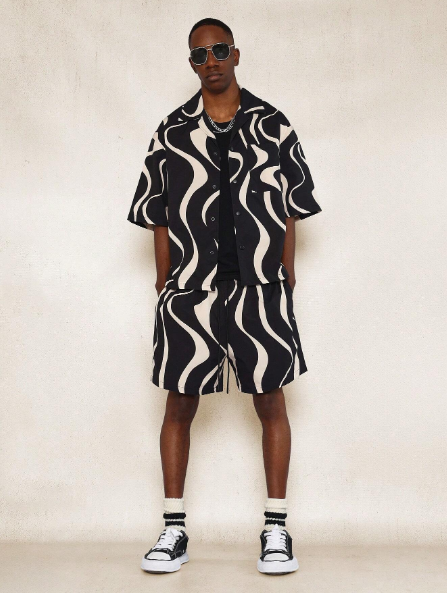 SUMWON Boxy Fit Revere Collar All Over Print Swirl Shirt And Short 2 Piece Set