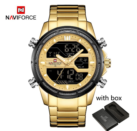 Naviforce Watches for Men Luxury Brand Digital Chronograph Sport Quartz Wristwatch Waterproof Military Steel Band Luminous Clock GOLD