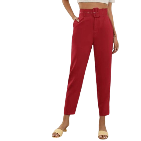 Lovito Women Elegant Plain Belted Pocket Pants LNL39003 (Red)