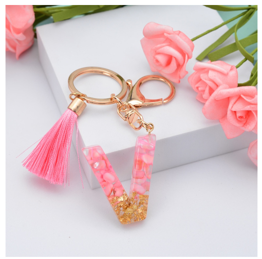Pink Tassel Gold Foil 26 Letter Pendent Keychain for Women Resin Keyrings Girls Bag Ornamant Accessories Gifts V