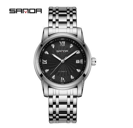 Sanda Simple Advanced Threaded Fashion Steel Band Luxury Casual Waterproof Watch SILVER BLACK