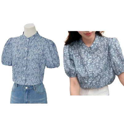 Lovito Women Boho Ditsy Floral Button Front Puff Sleeve Blouses L71ED020 (Blue)