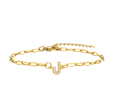 Vnox 18K Gold Zircon Initial Bracelet,Letter Charm Link Stainless Steel Flat Cross Bracelet J