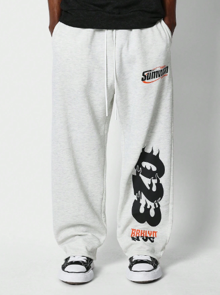 SUMWON Loose Fit Baggy Drop Crotch Joggers With Number Flame Print