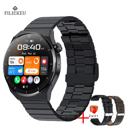 FILIEKEU NFC Smart Watch HD AMOLED Screen Support Ecg Plus Ppg Wireless Charging Bluetooth Call Ip68 Waterproof Smartwatch STEEL BLACK A