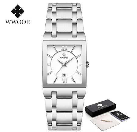 Wwoor Gold Bracelet Watches Men Gevena Square Clock Male Stainless Steel Waterproof Auto Date Quartz Watch WHITE DIAL SILVER STRAP