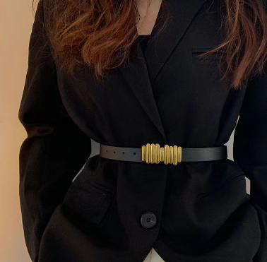 Women Belt Fashion PU Leather Belt Thin Skinny Metal Gold Chain Buckle Belts