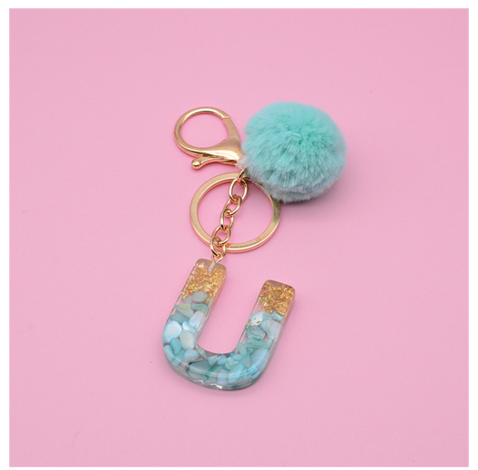 Cute Keyring Green Pompom Fur Ball 26 Letter Keychain Resin Key Chains Handbag Charms For Woman Ornaments Accessories Gift U