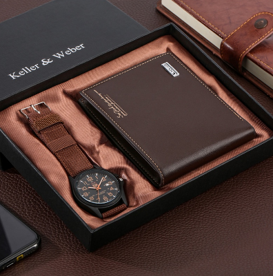 Ideal Gift Set To Men Brown Leather Short Wallet with Casual Nylon Band Quartz Wrist Watch Anniversary Present To Male