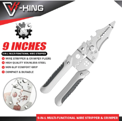 V-KING 9-IN-1 / 7-IN-1 Multi-functional Wire Stripper & Crimper Pliers Stainless Steel Hand Tool for Cable Wire Stripping , Crimping , Winding , Separating , Cutting & TAB Terminal  0.6 ~ 2.6mm Cable