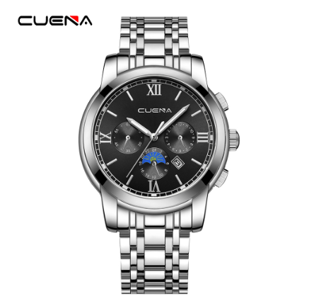 CUENA Men's Watches Original Brand Stainless Steel Waterproof Quartz Analog Business Sports 6052 SILVER BLACK
