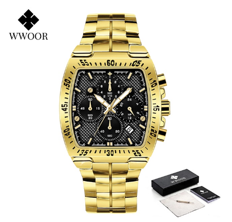 Wwoor Luxury Square Watch Men Military Steel Gold Black Quartz Waterproof Sports Chronograph Wristwatch BLACK DIAL GOLD CASE STRAP