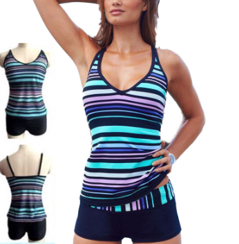 Women Sporty Swimsuit Bikini Plus Size Beach Color Stripe Tops + Pants Set