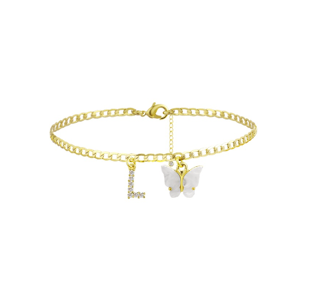 Fation Dainty Butterfly Initial Ankle Bracelets Handmade Cuban Chain White Butterfly A-Z Alphabet Letter Initial Anklets Summer Beach L