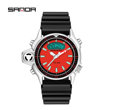 Sanda Waterproof Men Watch Sports Multifunctional Digital Dual Display Mens Watch BLACK RED