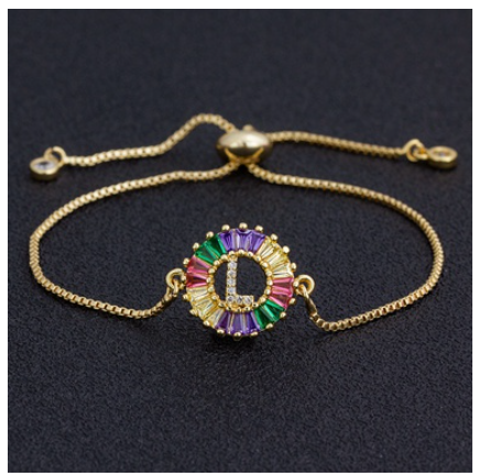 New Fashion A-Z Initial Colorful Cubic Zircon Letter Bracelets Adjustable Chain Rainbow Jewelry L