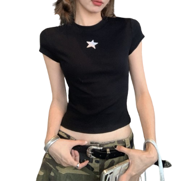 Lovito Women Short Sleeve Y2K T-Shirts LNA20039 (Black)