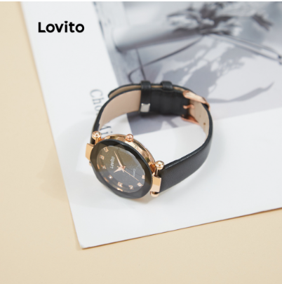 Lovito Casual Plain Metal Rhinestone PU Strap Quartz Watch L004012 (Black)