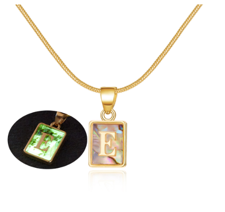 18K Gold 26 Letter Square Colorful Nightlight Pendant Snake Bone Chain Necklace English Letter Pendant Necklace E