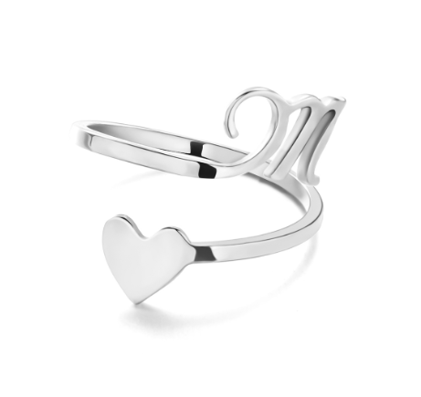 Silver Stainless Steel A-Z Rings Initial Letters Heart Rings Women Fashion Non Fading Jewelry Adjustable M