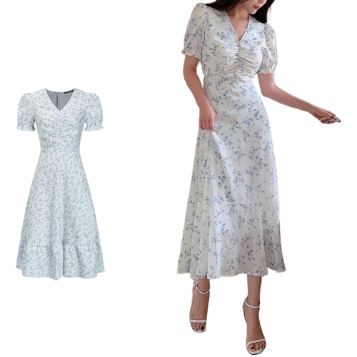 Lovito Women Boho Ditsy Floral Ruched Ruffle Hem Dress L71ED181 (White)