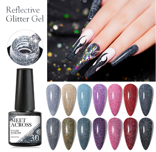 MEET ACROSS 6ml Reflective Glitter Gel Nail Polish Sparkling Nail Gel Semi Permanent Nail Art Varnish Base Top Coat