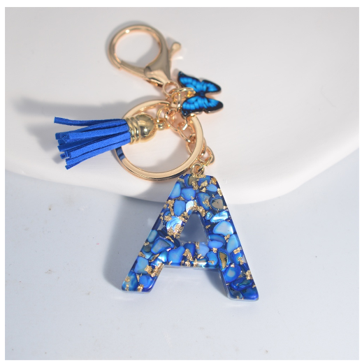 Fashion Butterfly 26 Initials Keychain Exquisite Blue Stone Filled Letter Keyrings Exquisite Alphabet Pendant Bag Ornament Gifts A